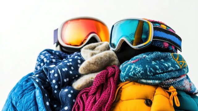 A heap of clothing and ski goggles stacked together