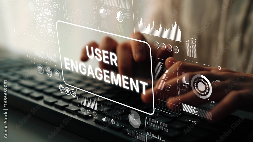 Poster hands typing on keyboard with overlay graphics showcasing user engagement and digital interaction co