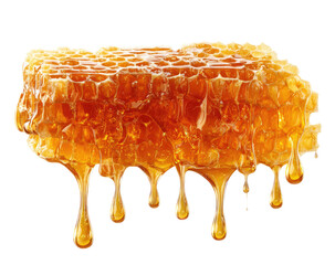 Honeycomb drips.  A close-up of a rectangular honeycomb cell, golden-amber in color.  Honey drips from the edges