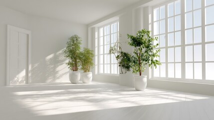 Bright, airy room with large windows casting sunlight on potted plants and white floor