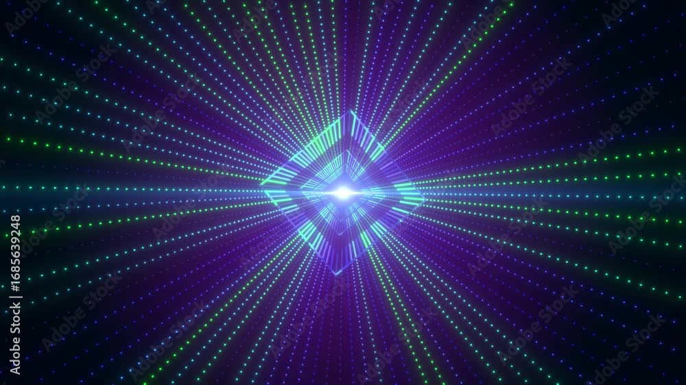 Poster futuristic neon diamond tunnel abstract light grid and glowing particles, likely an abstract digital