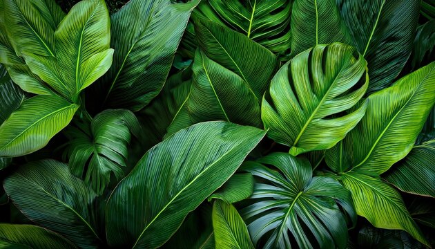 Fototapeta lush tropical rainforest foliage with vibrant green leaves creating a dense natural background ideal for nature themes
