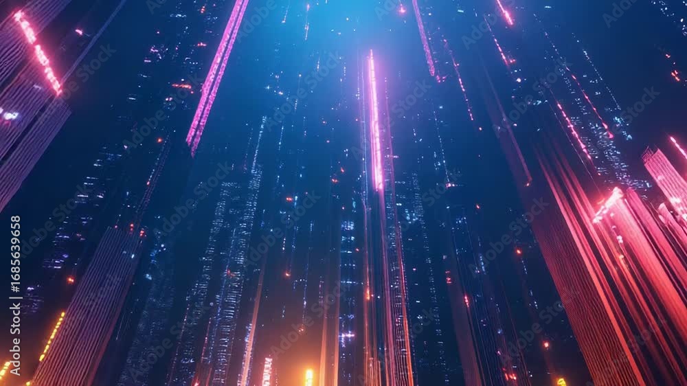 Poster futuristic cityscape with falling lines of light creating a dynamic scene