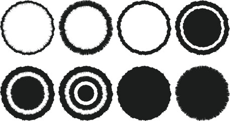 Grunge circle vector pack, Distressed round texture elements, Abstract grunge brushstroke shapes, Black ink splash frame collection