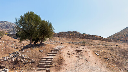 Ancient stone pathway leading uphill at the Mycenae archaeological site in Greece, dry rocky...