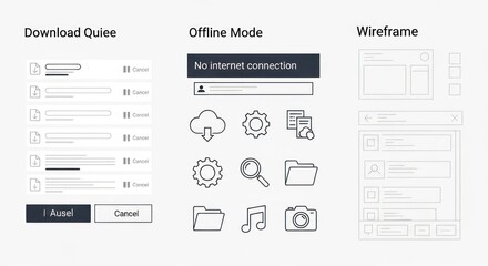 A digital interface showcasing download progress, offline mode notification, and a wireframe design.