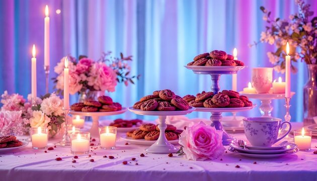 Elegant Dessert Table with Cookies, Candles, and Pink Flowers