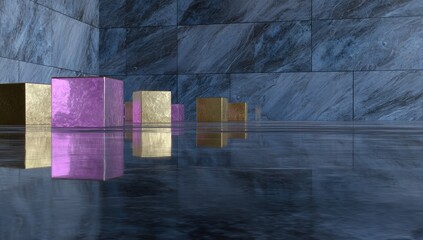Reflective,  metallic gold and  magenta cubes sit in a modern,  muted blue-gray stone-tiled room,  exhibiting  a sleek,  minimal aesthetic.