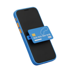Blue credit card attached to a modern smartphone isolated on transparent background