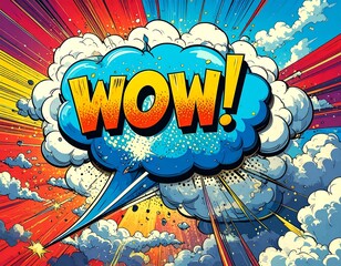 Comic book explosion, large speech bubble with "WOW!
