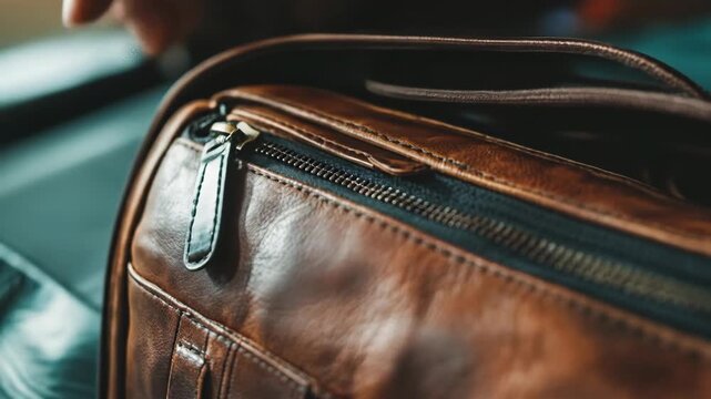 Close-up of brown leather bag showing texture and zipper detail