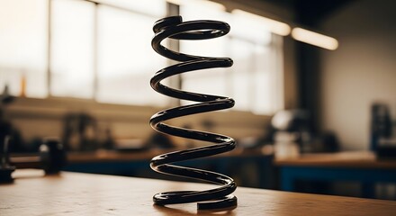 Close-up view of a metal coil spring resting on a wooden surface, with a blurred industrial background suggesting a workshop or factory setting for manufacturing and engineering concepts