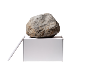 A weighty rock atop a plain white box