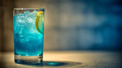 Blue cocktail photography with copy space for menu text