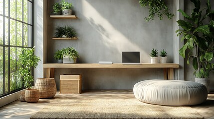Cozy sunlit room with plants and a laptop on a wooden bench indoor sunlight Photo
