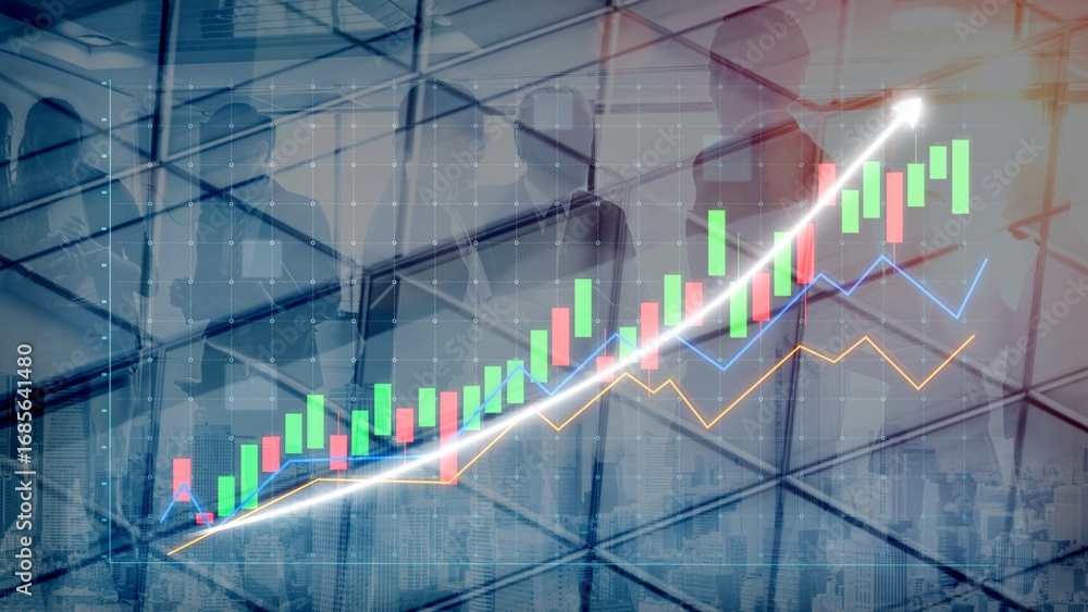 Poster this image features an abstract financial chart displaying colorful candlestick graphs against an of