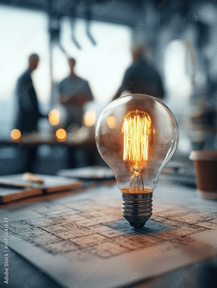 Poster glowing light bulb resting on architectural blueprints with business people working and discussing i