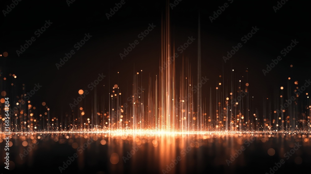 Aufkleber a glowing digital soundwave visualizer with orange and white light lines and dots on a dark backgrou