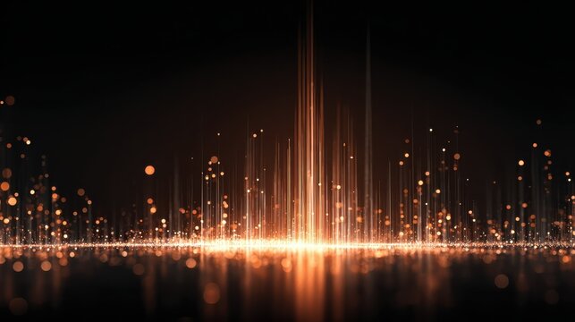 a glowing digital soundwave visualizer with orange and white light lines and dots on a dark background
