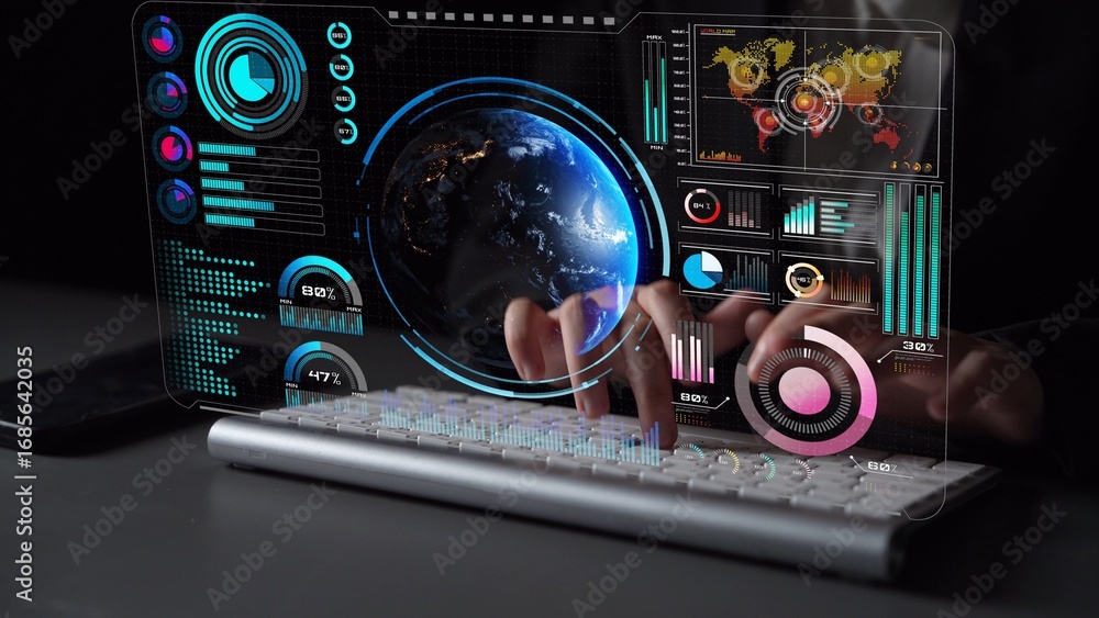 Poster high-tech global network connection interface showing worldwide digital communication, data exchange