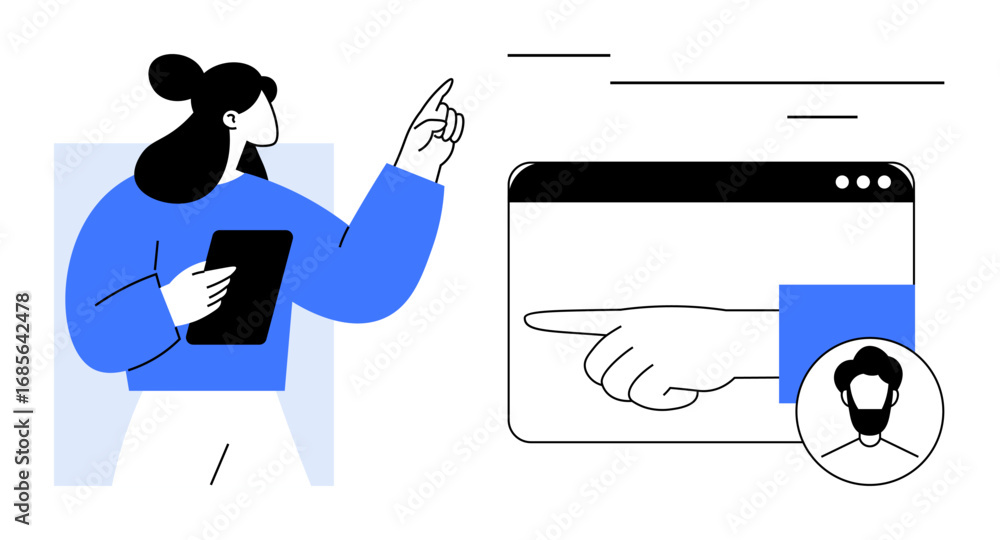 Poster woman holding a tablet and pointing at a browser window with an enlarged pointing hand and a profile
