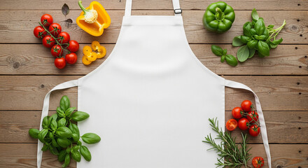 A pristine white apron lies flat on a rustic wooden table, surrounded by fresh, colorful vegetables and aromatic herbs, ready for cooking.