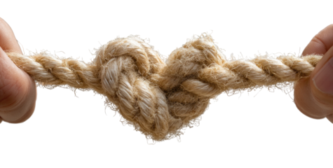 Hands hold a heart-shaped rope knot