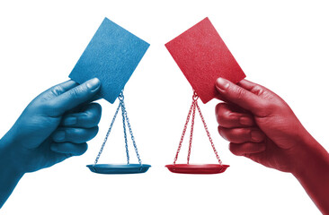 Two hands, colored blue and red, hold a balance scale with blue and red cards