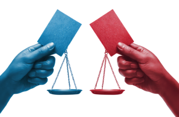 Two hands, colored blue and red, hold a balance scale with blue and red cards