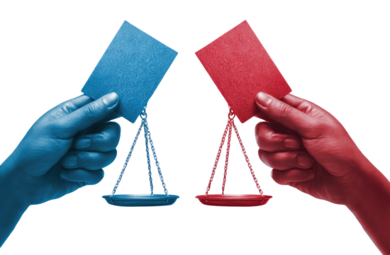Two hands, colored blue and red, hold a balance scale with blue and red cards