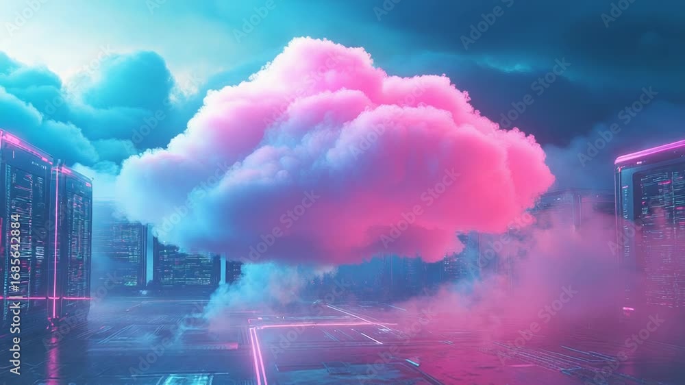 Poster futuristic server farm processing big data with cloud computing technology