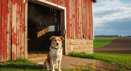 Dog sitting in front of red barn under sunny sky in countryside