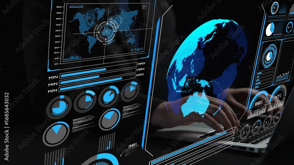Poster high-tech global network connection interface showing worldwide digital communication, data exchange