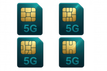Transparent background featuring multiple 5g sim cards representing wireless communication and digital network connectivity