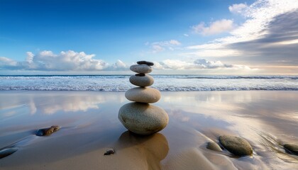 a serene composition featuring stacked stones on a sandy beach with the calm ocean waves in the background reflecting a clear tranquil sky filled with soft clouds