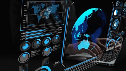 High-tech global network connection interface showing worldwide digital communication, data exchange, and internet connectivity. Global connection, data interaction, and worldwide communication. Thunk
