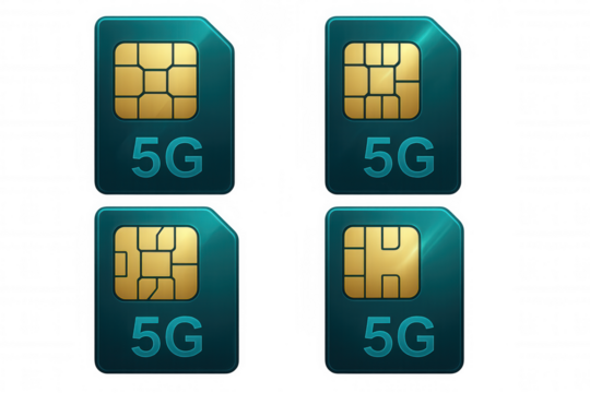 Transparent background featuring multiple 5g sim cards representing wireless communication and digital network connectivity