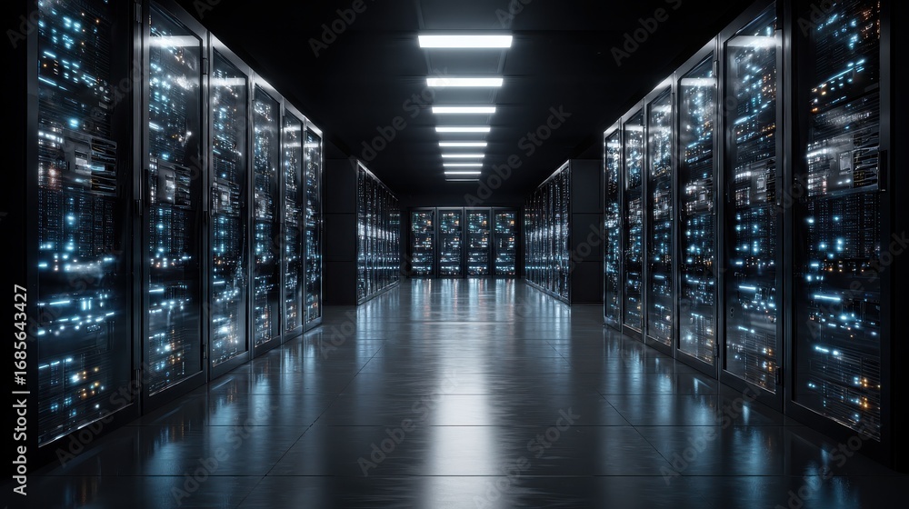Poster modern data technology center server racks in dark room with vfx visualization concept of internet o