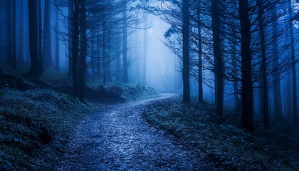 misty forest path deep blue tones