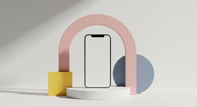 A modern smartphone with a blank screen displayed on a white pedestal surrounded by colorful geometric shapes in a minimalist studio setting.