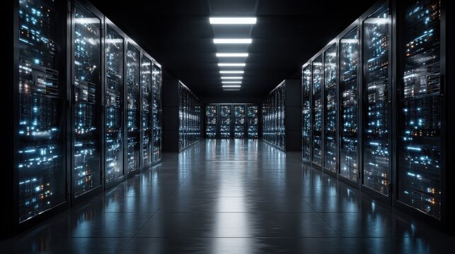 modern data technology center server racks in dark room with vfx visualization concept of internet of things data flow digitalization of internet traffic complex electric equipment warehouse