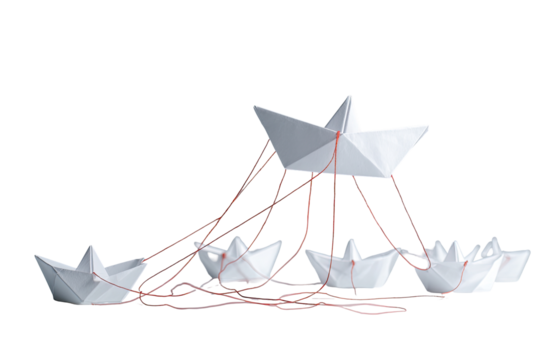 White paper boats connected by red strings, forming a hierarchical structure