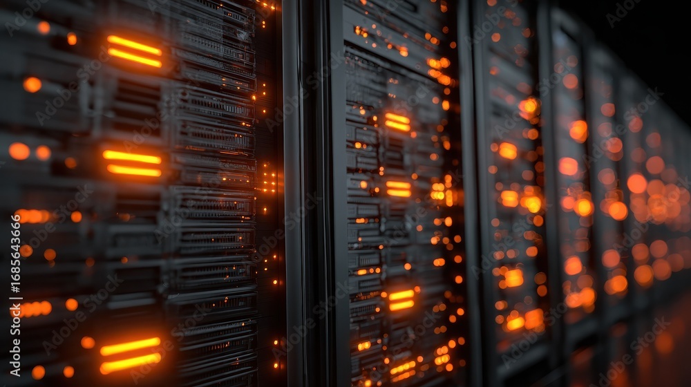 Poster closeup of server racks with glowing orange lights dark metallic server cabinets rows of drives and 