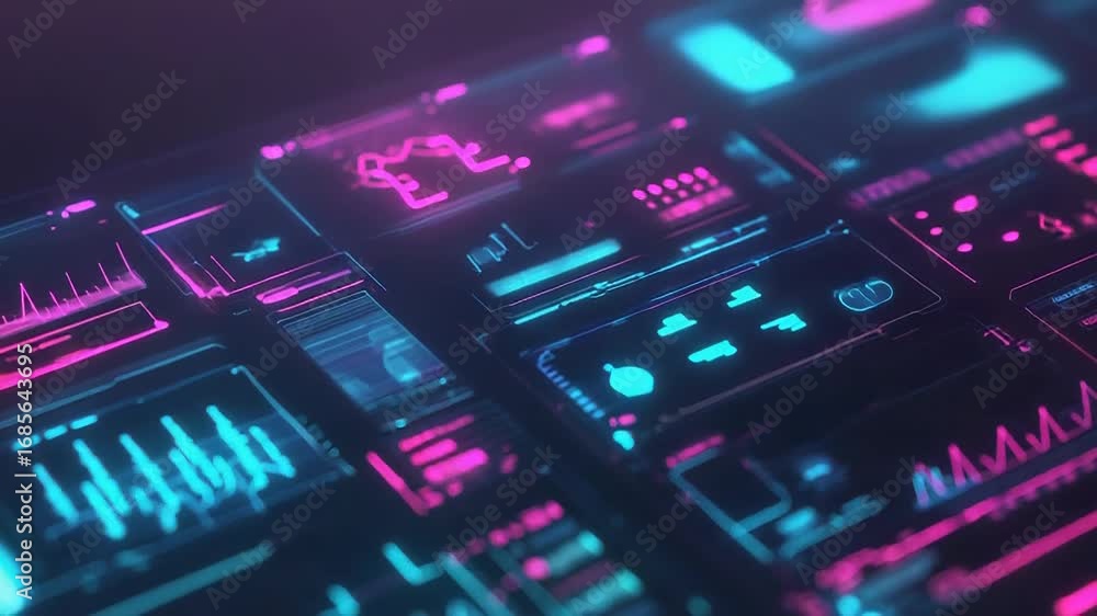 Poster futuristic interface displaying complex data analysis with charts and graphs