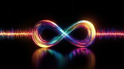 neon infinity loop with colorful gradient spectrum and sound wave waveform visualization abstract glowing symbol of endless data flow digital technology concept futuristic audio signal art illustra