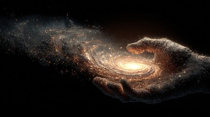 Golden galaxy held in cosmic hand of creation