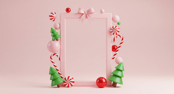 A cute 3D rendered pink Christmas frame decorated with candy canes, baubles, and green trees on a solid pink background, perfect for holiday greetings. - Powered by Adobe