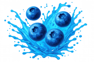 Ripe blueberries splashing blue juice, transparent background highlighting fresh fruit detail for marketing visual