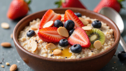 Delicious oatmeal bowl topped with fresh strawberries, blueberries, kiwi, and almonds, perfect for healthy breakfast