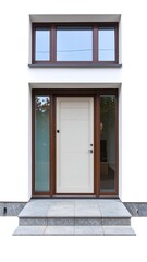 Modern house entrance with light beige door and brown trim, two windows above
